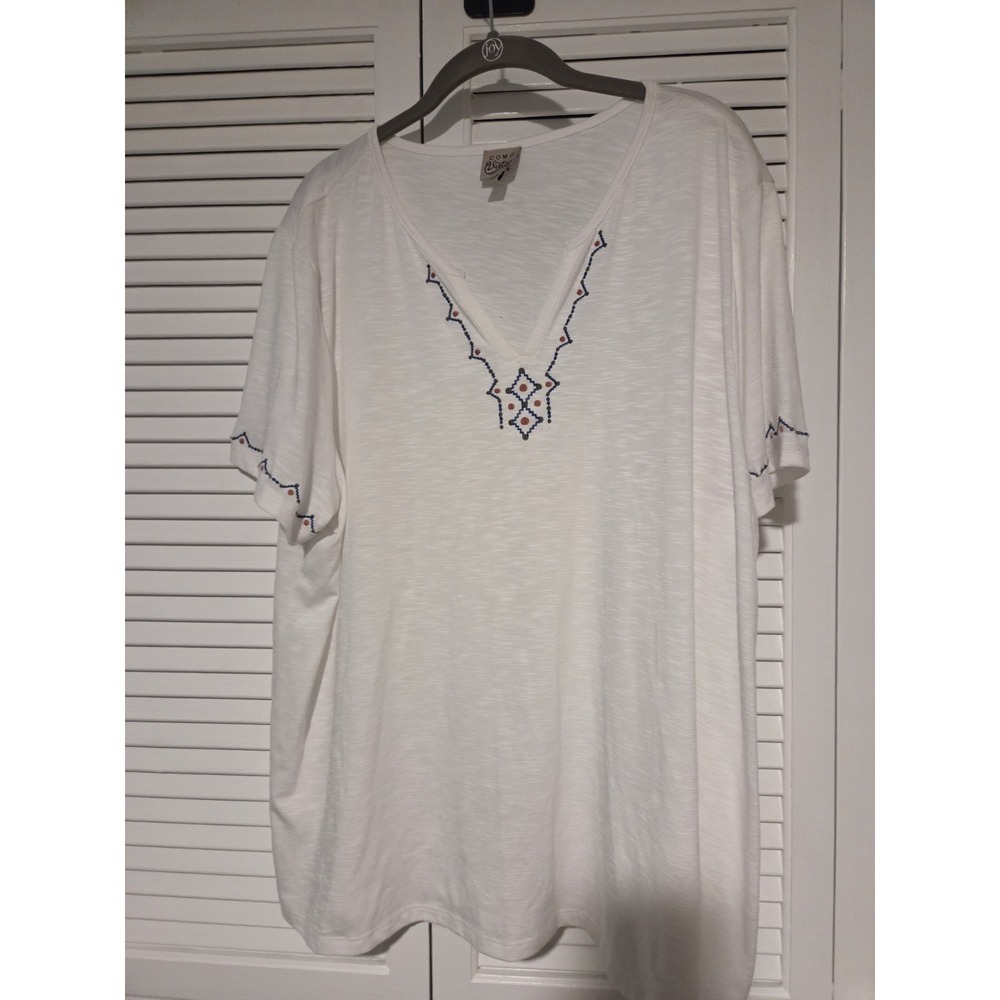 Como Vintage Split Neck Blouse Short Sleeve Embroidered Design Womens Size 2X